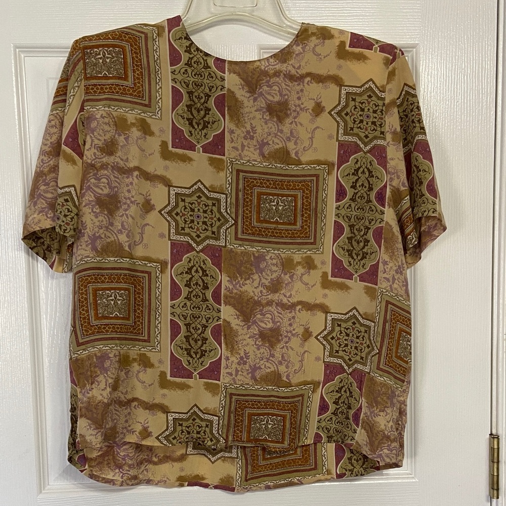 Vintage Silk Blouse Christie & Jill Petite L Geometric Shoulder Pads